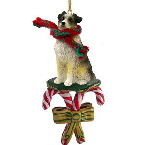 Blue Docked Tail Australian Shepherd Dog with Candy Canes Christmas Ornament