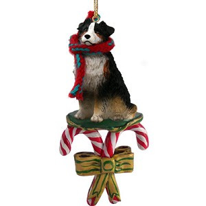 Tricolor Australian Shepherd Dog with Candy Canes Christmas Ornament – Hand-Painted Stone Resin