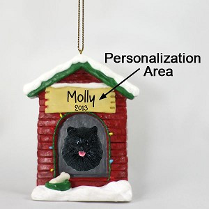 Black Pomeranian Dog at Dog House Christmas Ornament – Hand-Painted Stone Resin