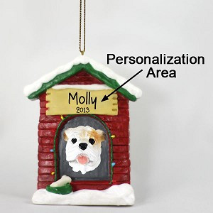 White Bulldog at Dog House Christmas Ornament – Hand-Painted Stone Resin