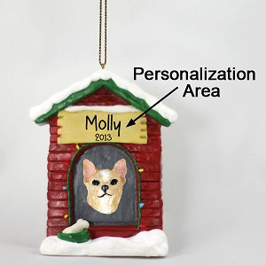 Tan & White Chihuahua Dog at Dog House Christmas Ornament – Hand-Painted Stone Resin