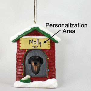 Black Doberman Pinscher Dog at Dog House Christmas Ornament – Hand-Painted Stone Resin