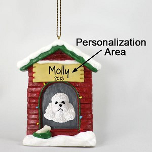 White Sport Cut Poodle Dog at Dog House Christmas Ornament – Hand-Painted Stone Resin