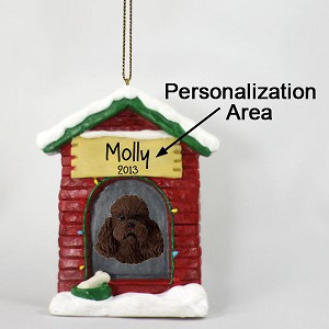 Chocolate Sport Cut Poodle Dog at Dog House Christmas Ornament – Hand-Painted Stone Resin