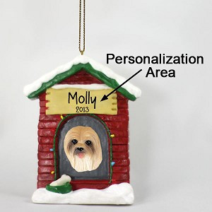 Brown Lhasa Apso Dog at Dog House Christmas Ornament – Hand-Painted Stone Resin