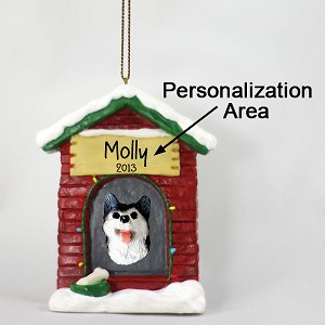 Black & White Brown Eyes Husky Dog at Dog House Christmas Ornament – Hand-Painted Stone Resin
