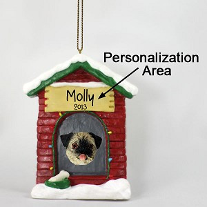 Fawn Pug Dog at Dog House Christmas Ornament – Hand-Painted Stone Resin