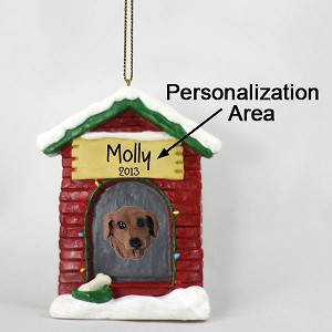 Red Dachshund Dog at Dog House Christmas Ornament – Hand-Painted Stone Resin