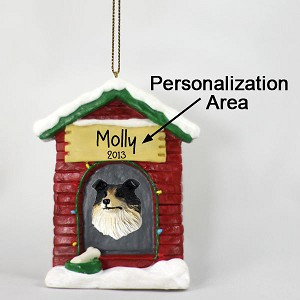Tricolor Collie Dog at Dog House Christmas Ornament – Hand-Painted Stone Resin