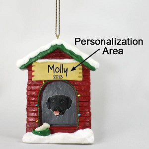 Black Labrador Retriever Dog at Dog House Christmas Ornament – Hand-Painted Stone Resin