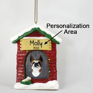 Brindle Boxer Dog at Dog House Christmas Ornament – Hand-Painted Stone Resin