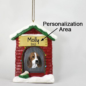 Basset Hound Dog at Dog House Christmas Ornament – Hand-Painted Stone Resin