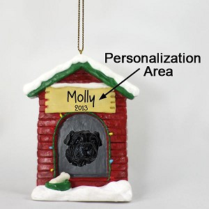 Black Shar Pei Dog at Dog House Christmas Ornament – Hand-Painted Stone Resin