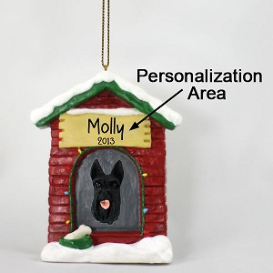 Black Scottish Terrier Dog at Dog House Christmas Ornament – Hand-Painted Stone Resin