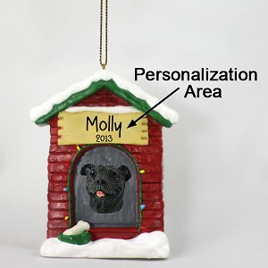 Brindle Staffordshire Bull Terrier Dog at Dog House Christmas Ornament – Hand-Painted Stone Resin