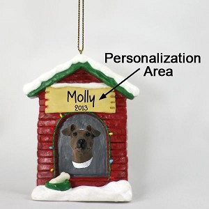 Brown & White Fox Terrier Dog at Dog House Christmas Ornament – Hand-Painted Stone Resin