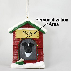 Black & White Fox Terrier Dog at Dog House Christmas Ornament – Hand-Painted Stone Resin