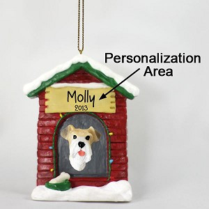 Red Wire Fox Terrier Dog at Dog House Christmas Ornament – Hand-Painted Stone Resin