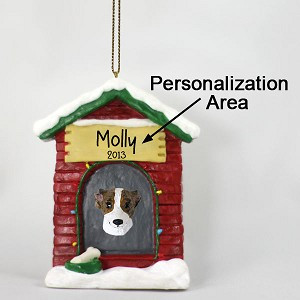 Brindle & White Whippet Dog at Dog House Christmas Ornament – Hand-Painted Stone Resin