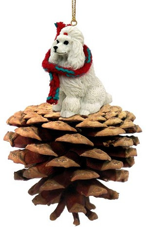 White Poodle Dog on Pinecone Christmas Ornament – Hand-Painted Stone Resin