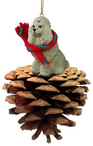 Gray Poodle Dog on Pinecone Christmas Ornament – Hand-Painted Stone Resin