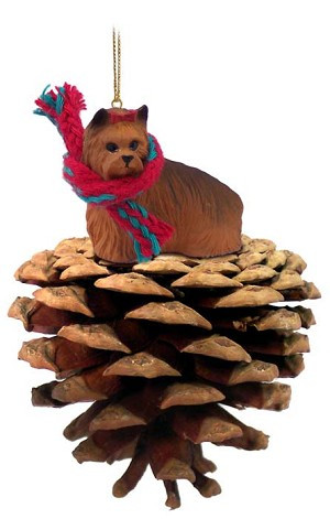 Yorkshire Terrier Dog on Pinecone Christmas Ornament – Hand-Painted Stone Resin