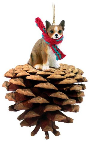 Brindle & White Chihuahua Dog on Pinecone Christmas Ornament – Hand-Painted Stone Resin