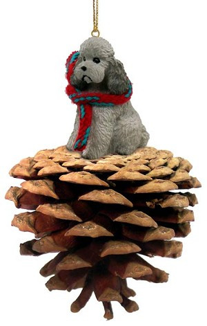 Gray with Sport Cut Poodle Dog on Pinecone Christmas Ornament – Hand-Painted Stone Resin