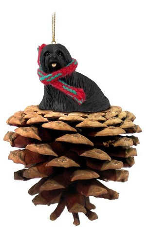 Black Lhasa Apso Dog on Pinecone Christmas Ornament – Hand-Painted Stone Resin