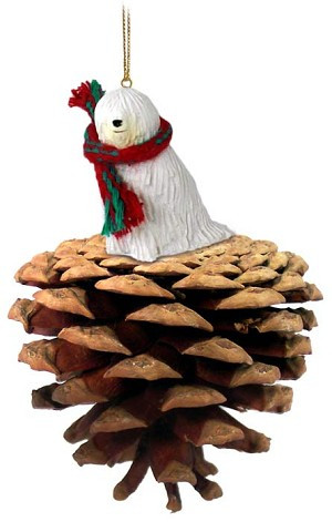 Komondor Dog on Pinecone Christmas Ornament – Hand-Painted Stone Resin