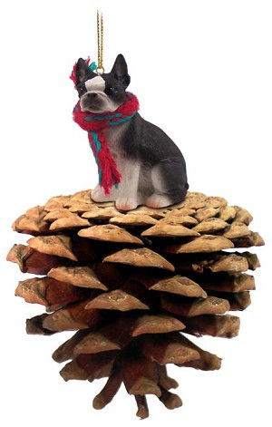 Black and white Boston Terrier Dog on Pinecone Christmas Ornament – Hand-Painted Stone Resin