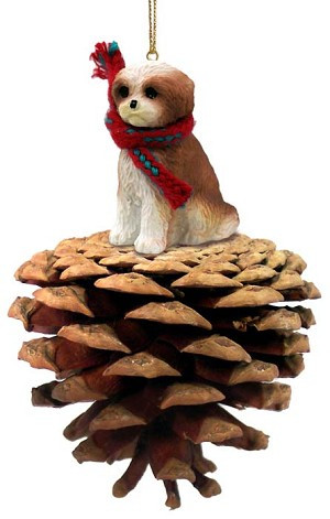 Tan Sport Cut Shih Tzu Dog on Pinecone Christmas Ornament – Hand-Painted Stone Resin
