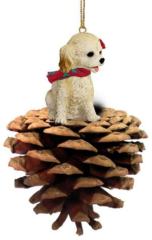 Blond Cockapoo Dog on Pinecone Christmas Ornament – Hand-Painted Stone Resin