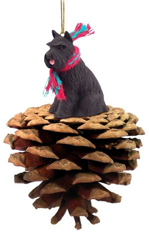 Black Schnauzer Dog on Pinecone Christmas Ornament – Hand-Painted Stone Resin