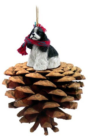 Black & White Cocker Spaniel Dog on Pinecone Christmas Ornament – Hand-Painted Stone Resin