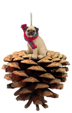 Fawn Pug Dog on Pinecone Christmas Ornament – Hand-Painted Stone Resin