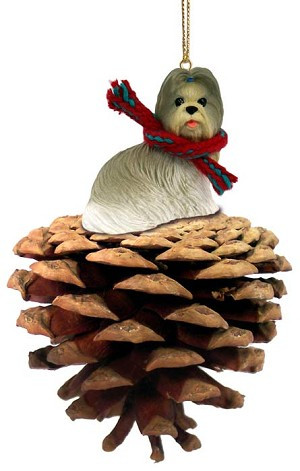 Mixed Color Shih Tzu Dog on Pinecone Christmas Ornament – Hand-Painted Stone Resin