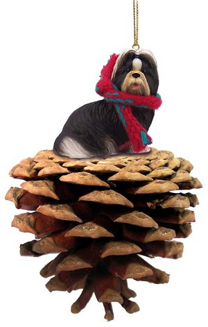 Black & White Shih Tzu Dog on Pinecone Christmas Ornament – Hand-Painted Stone Resin