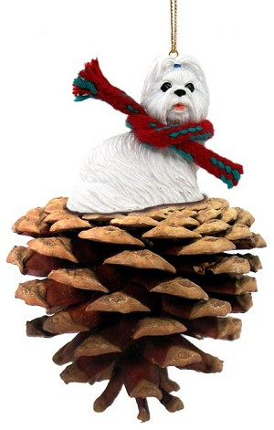 White Shih Tzu Dog on Pinecone Christmas Ornament – Hand-Painted Stone Resin