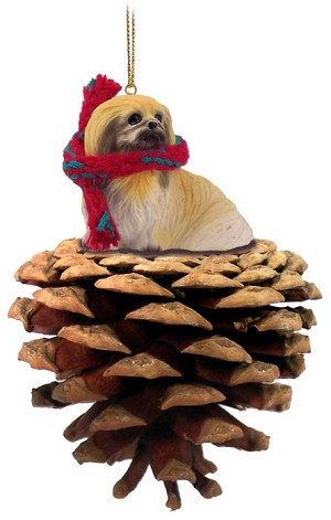 Pekingese Dog on Pinecone Christmas Ornament – Hand-Painted Stone Resin