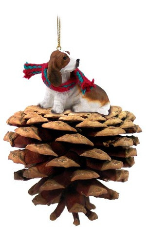 Basset Hound Dog on Pinecone Christmas Ornament – Hand-Painted Stone Resin