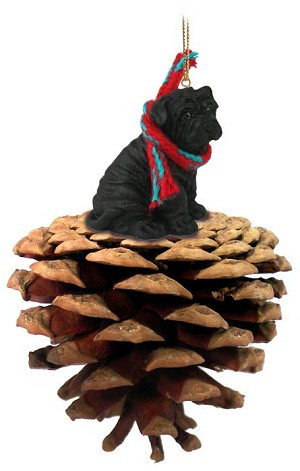 Black Shar Pei Dog on Pinecone Christmas Ornament – Hand-Painted Stone Resin
