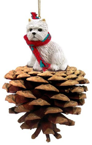 White Dog on Pinecone Christmas Ornament – Hand-Painted Stone Resin