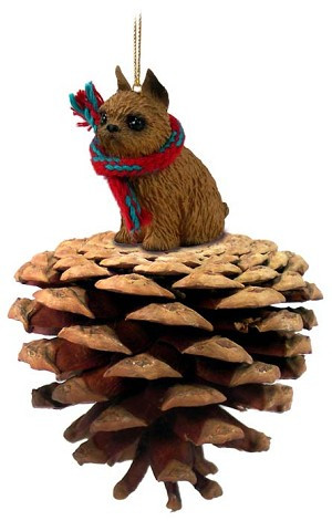 Red Brussels Griffon Dog on Pinecone Christmas Ornament – Hand-Painted Stone Resin