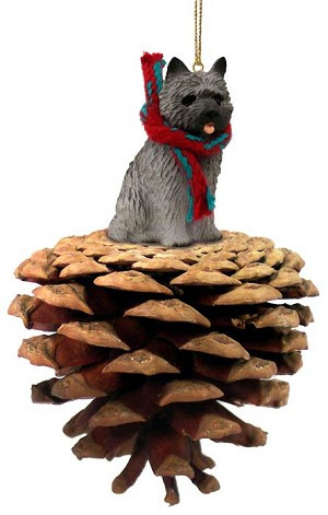 Gray Cairn Terrier Dog on Pinecone Christmas Ornament – Hand-Painted Stone Resin