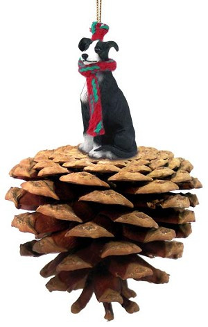 Black & White Greyhound Dog on Pinecone Christmas Ornament – Hand-Painted Stone Resin