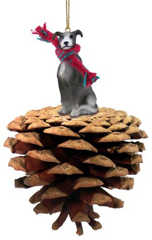 Blue & White Greyhound Dog on Pinecone Christmas Ornament – Hand-Painted Stone Resin