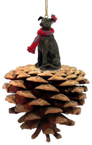 Brindle Greyhound Dog on Pinecone Christmas Ornament – Hand-Painted Stone Resin