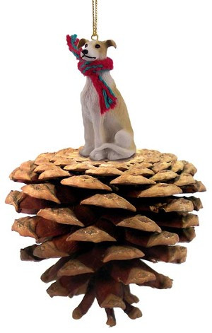 Tan & White Greyhound Dog on Pinecone Christmas Ornament – Hand-Painted Stone Resin