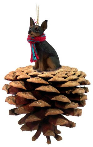 Tan & Black Miniature Pinscher Dog on Pinecone Christmas Ornament – Hand-Painted Stone Resin